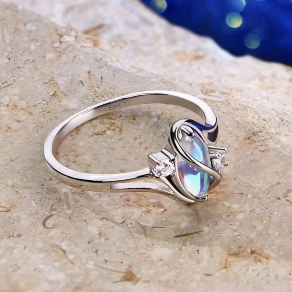 925 Silver Rainbow Moonstone Zirconia Silvery Ring Size 8 Celtic Rings - Picture 7 of 12
